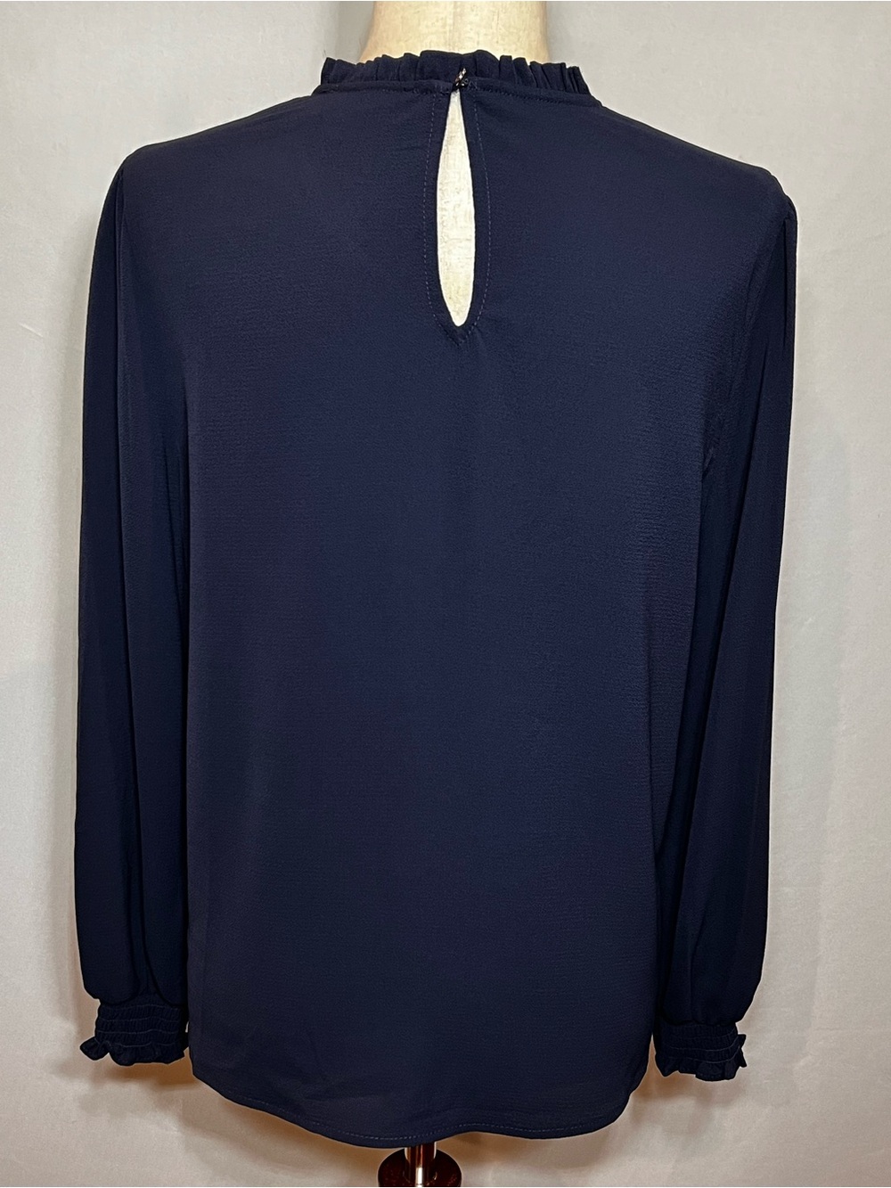 CeCe Dark Navy Pintuck Ruffle-Neck Long Sleeve Blouse - Picture 10 of 14